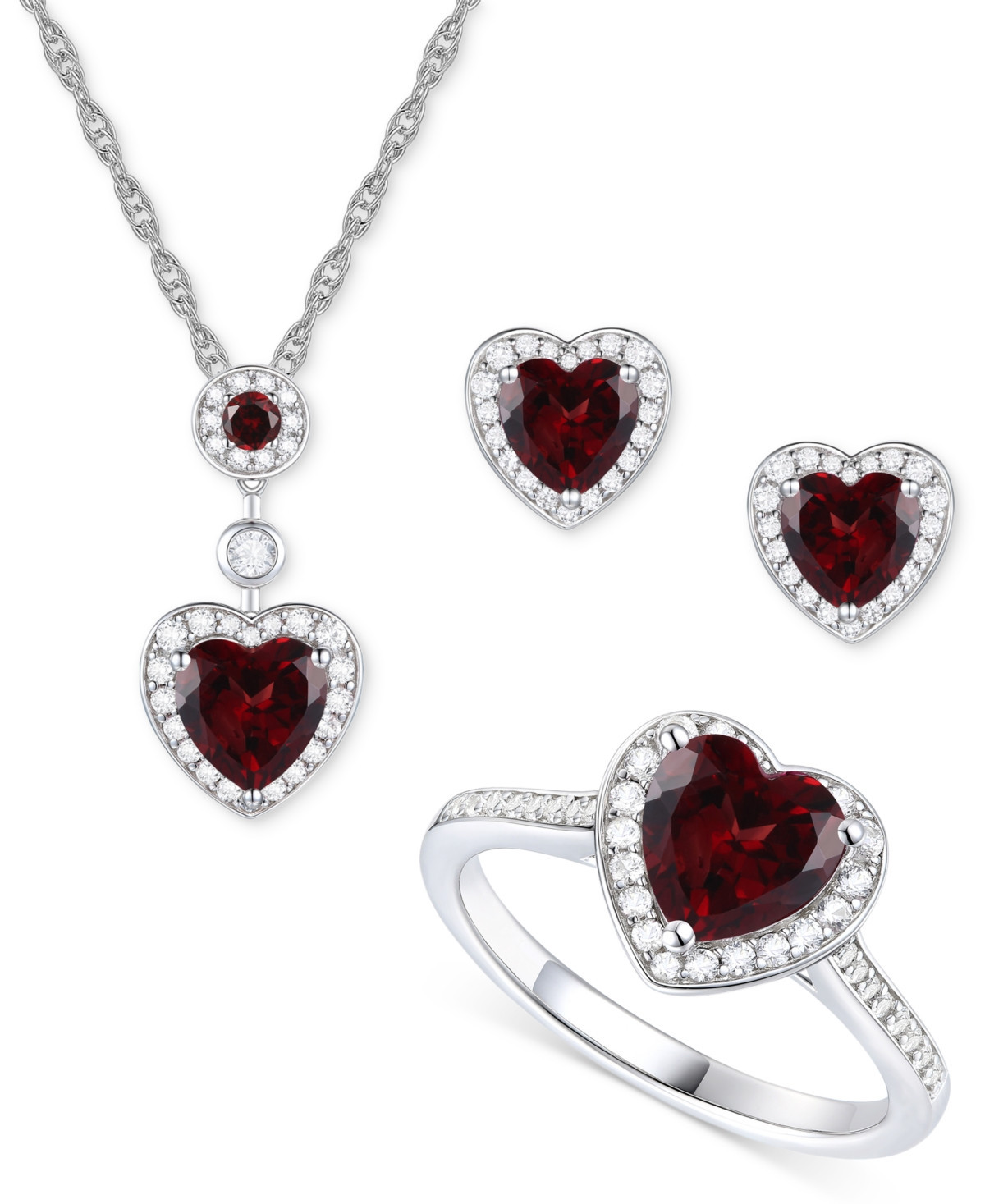 3-Pc. Set Garnet: (4 ct. t.w.) & Lab-Grown White Sapphire (3/4 ct. t.w.)Amethyst (3-1/3 ct. t.w.) Heart Pendant Necklace, Ring, & Stud Earrings in Ste | Macy's