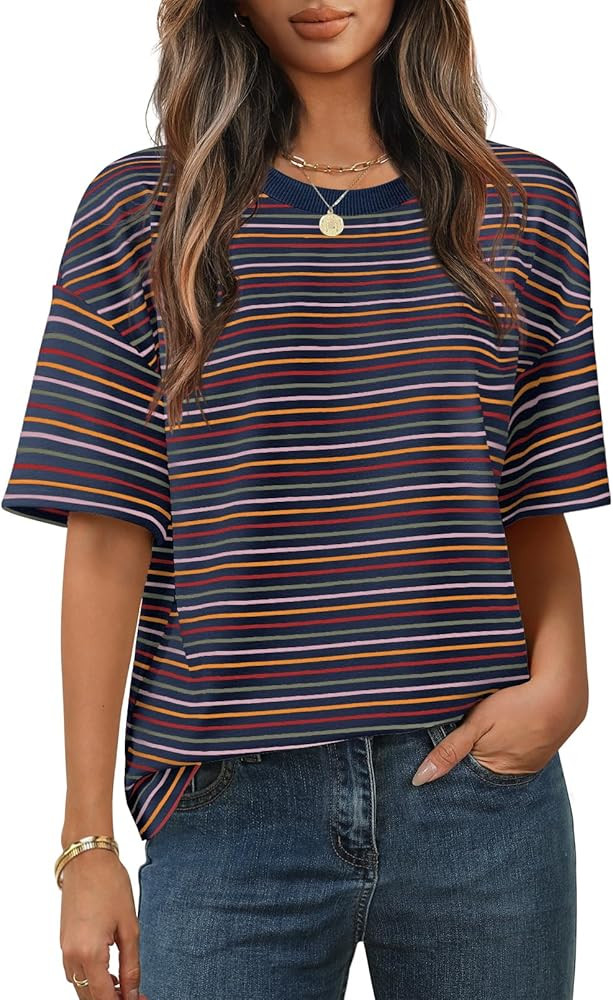 MEROKEETY Women's 2026 Summer Short Sleeve Tops Casual Colourful Striped Crewneck Loose Work T Sh... | Amazon (US)