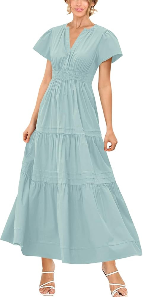 Women's Summer Boho Maxi Dress Ruffle Sleeve V Neck Smocked Flowy Tiered Beach A-line Long Dresse... | Amazon (US)