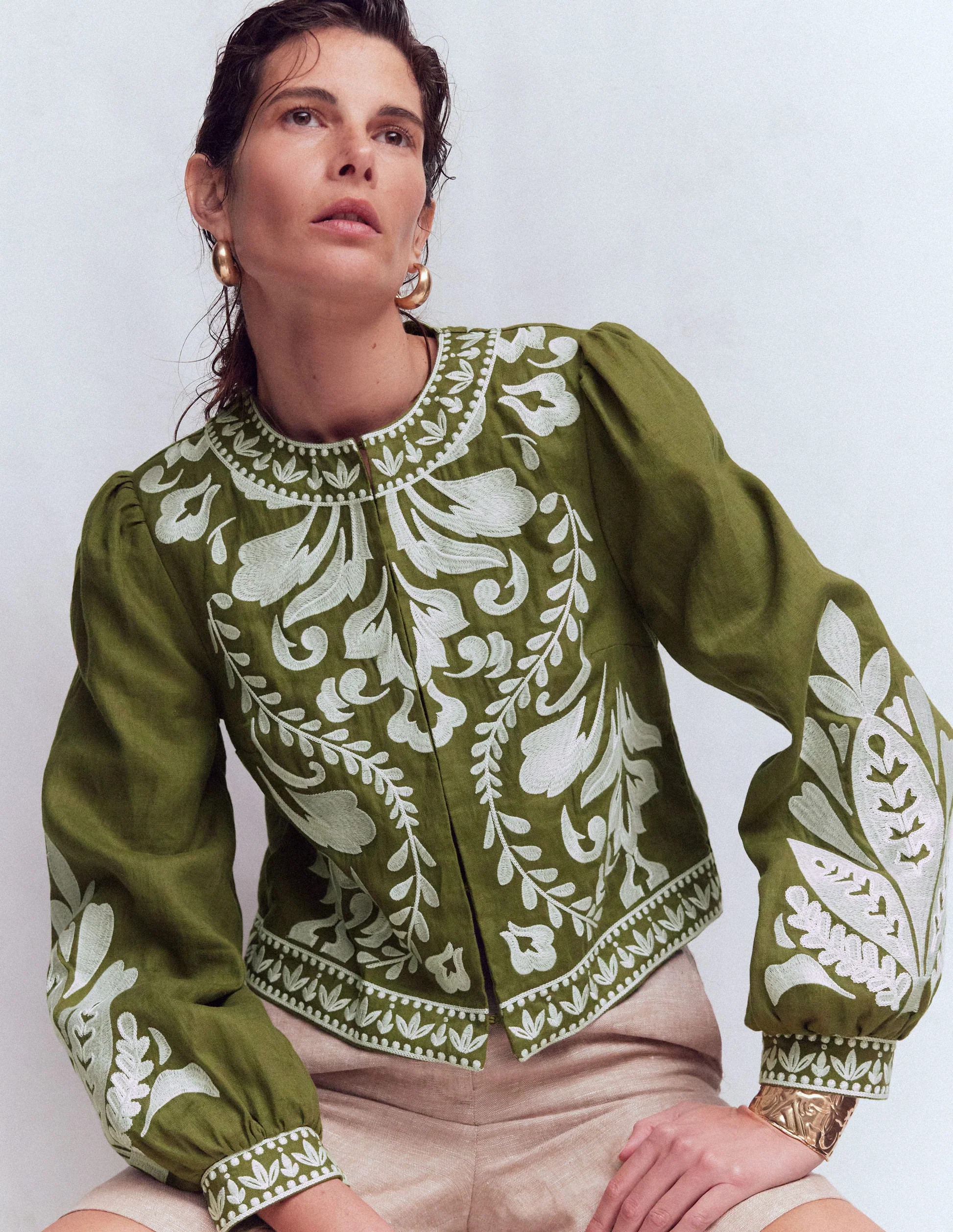 Embroidered Linen Jacket-Woodland Green | Boden (US)