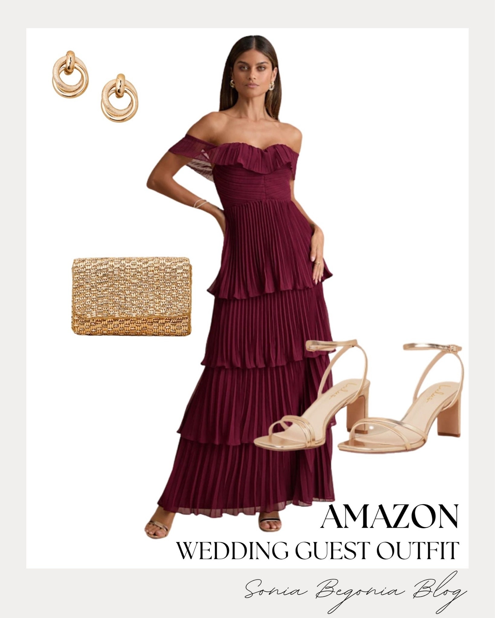 Elegant fall wedding guest inspo! 🍷

I styled a stunning burgundy off-the-shoulder pleated tiered maxi dress paired with strappy metallic gold block heel sandals.

I completed the outfit with a textured woven gold clutch and matching twisted gold hoop earrings for a polished evening look. ✨

#AmazonFashion #WeddingGuestDress #LTKwedding #FallWedding #BurgundyDress #OOTD #EventStyle #FormalWear

#LTKootd #LTKWedding