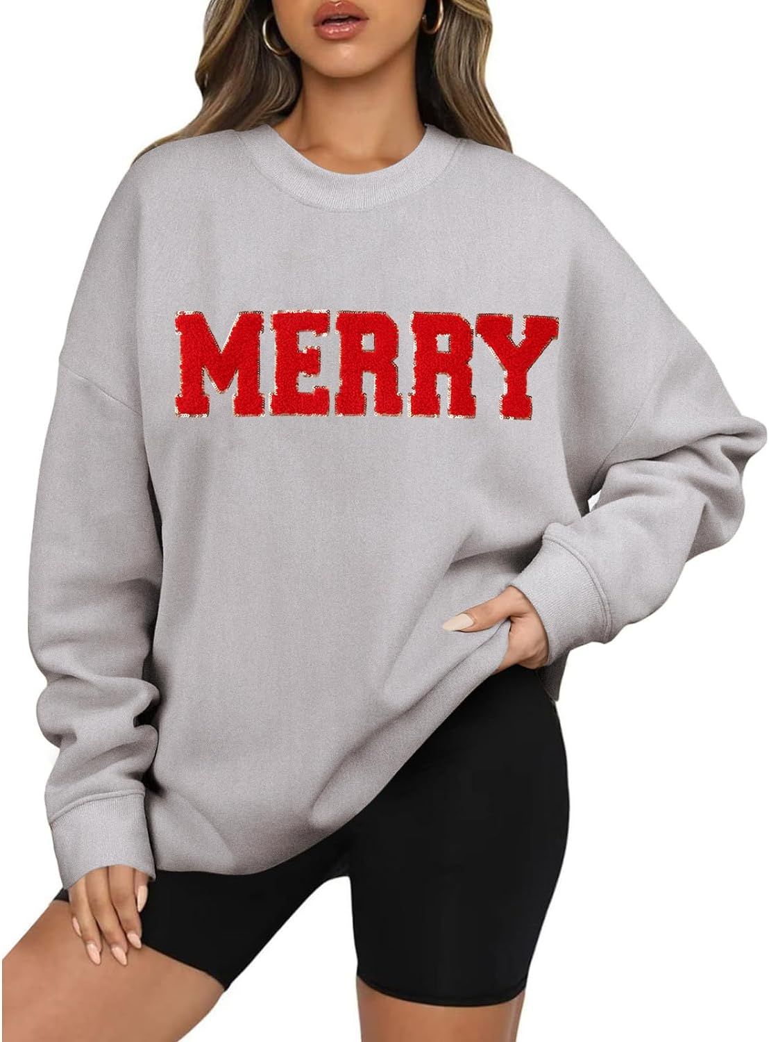 BOUTIKOME Merry Christmas Sweatshirts for Women Glitter Patch Merry Letter Shirts Chenille Patch Ove | Amazon (US)