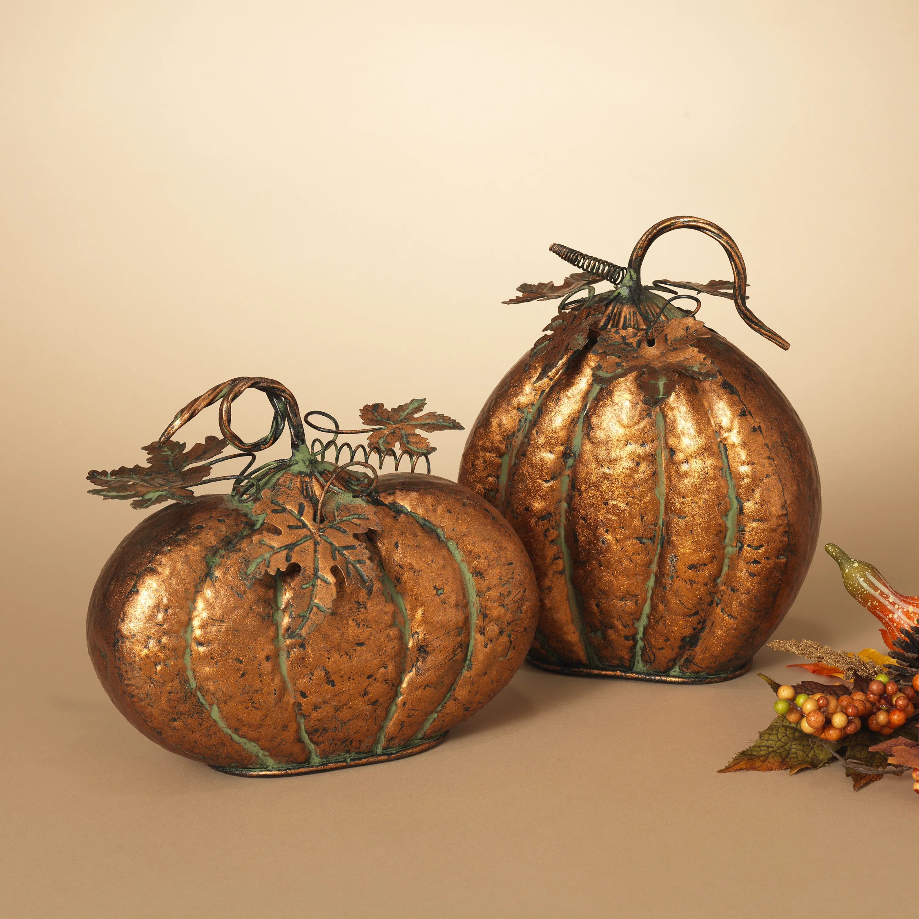 Three Posts™ Set Of 2 Assorted Metal Harvest Tabletop Pumpkins With Leaf Accents & Reviews | Wa... | Wayfair North America