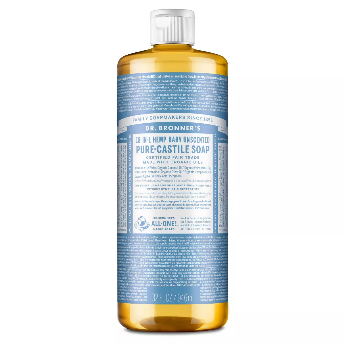 Dr. Bronner's 18-In-1 Hemp Baby Pure Castile Liquid Soap - Unscented - 32 fl oz | Target