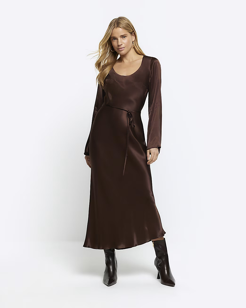 Brown satin belted slip midi dress | River Island UK & IE