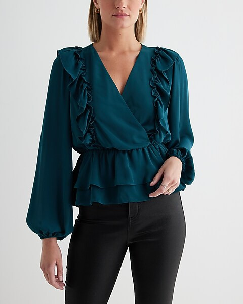 V-neck Faux Wrap Flutter Ruffle Peplum Top | Express