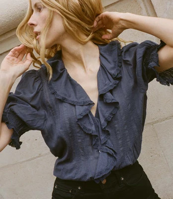 DÄ?EN Henri Top -- Adriatic - Size - L Cotton Button Up Feminine Victorian | DOEN