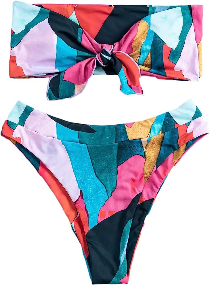 SheIn Women's Graphic Swimsuit Tie Front Bandeau and High Waist Panty Bikini Set Bathing Suit | Amazon (US)