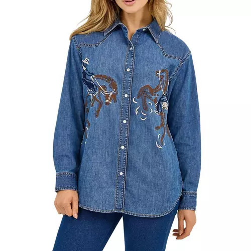 Women's Wrangler Embroidered Horses Boyfriend Western Snap Long Sleeve Button Up Shirt | Scheels Sports