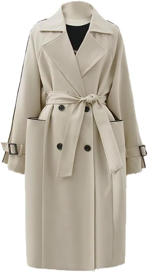 ChenKongHai Retro Office Lady Coat For Women Lapel Long Sleeves Spliced Belt Coats Autumn | Amazon (US)