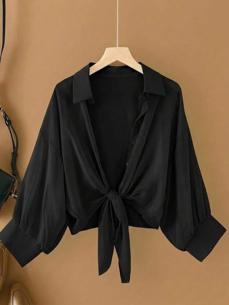 Calvaya Plus Size Solid Color Front Tie Long Sleeve Minimalist Casual Shirt Fall Cloth For Women | SHEIN