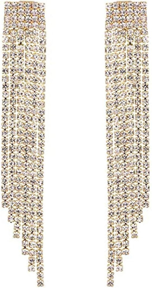 Unicra Long Rhinestone Fringe Earrings Silver Bridal Tassel Dangle Earrings Large Bling Crystal Chan | Amazon (US)