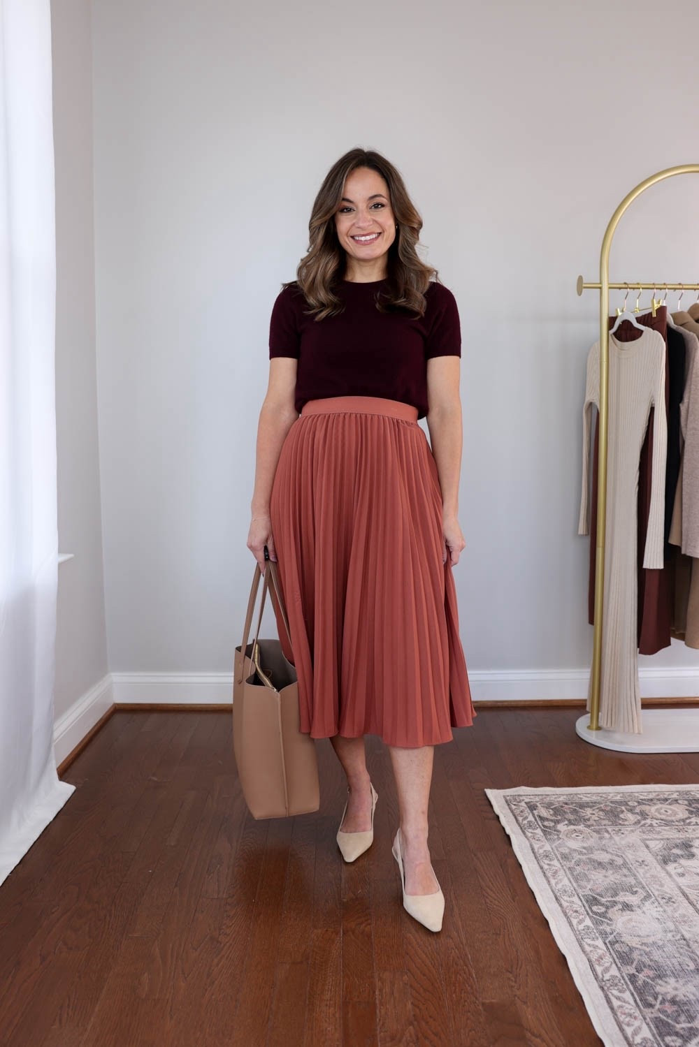 The 2025 fall workwear capsule series: pleated skirt five ways! 

Short sleeve sweater (Quince): xs in rich burgundy 
Pleated skirt (Amazon): small in brown 

*beige heels links are a slightly different color.

My measurements for reference: I’m 4’10” and 105lbs. My bust, waist, and hip measurement is 32”, 24”, and 36”.

#LTKPetite #LTKWorkwear