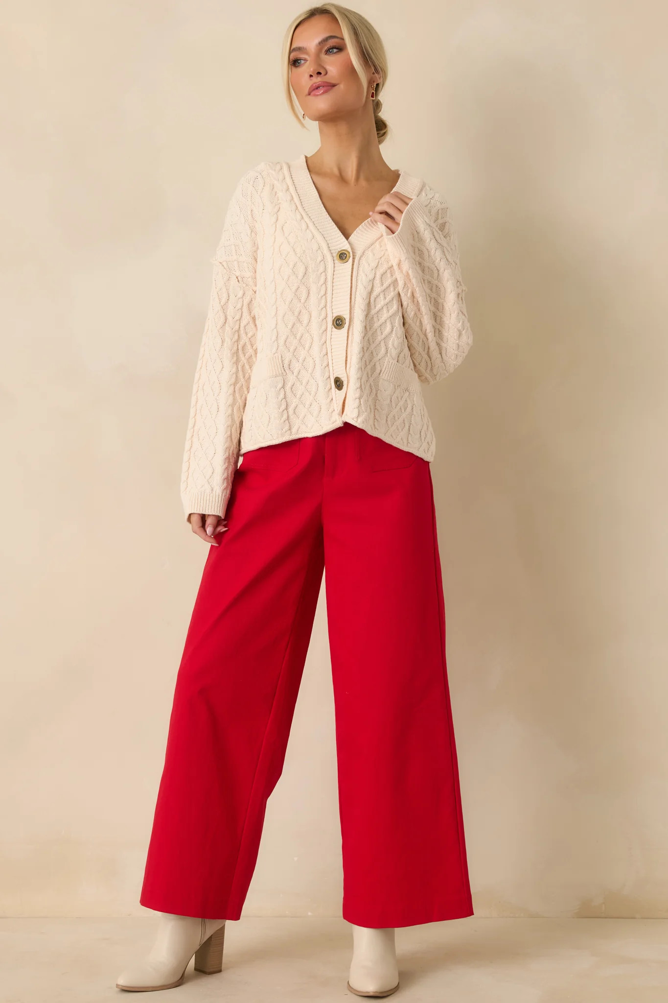 For Old Time’s Sake Ivory Cable Knit Button Up Cardigan | Red Dress