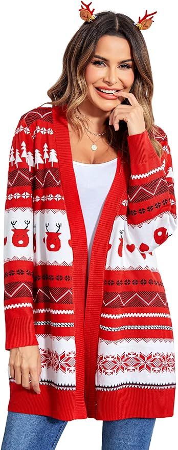 Hotouch Women Christmas Cardigan Reindeer Printed Sweater Ugly Cardigan Sweater | Amazon (US)