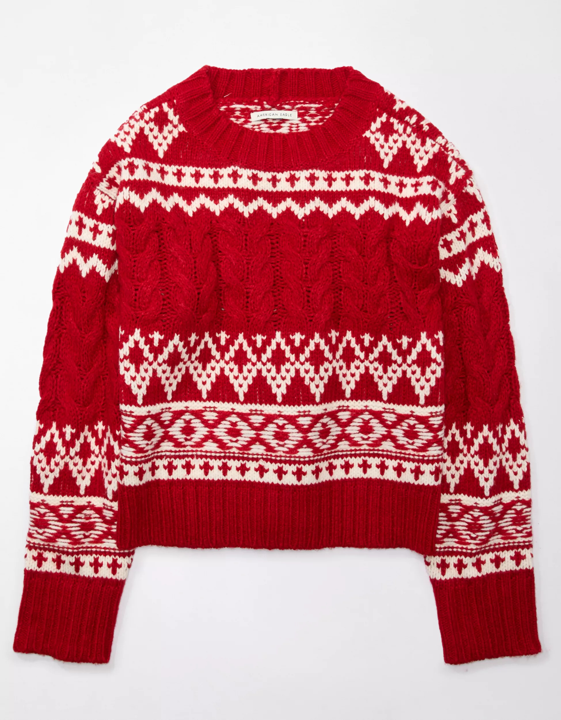 AE Fair Isle Cable-Knit Crewneck Sweater | American Eagle Outfitters (US & CA)