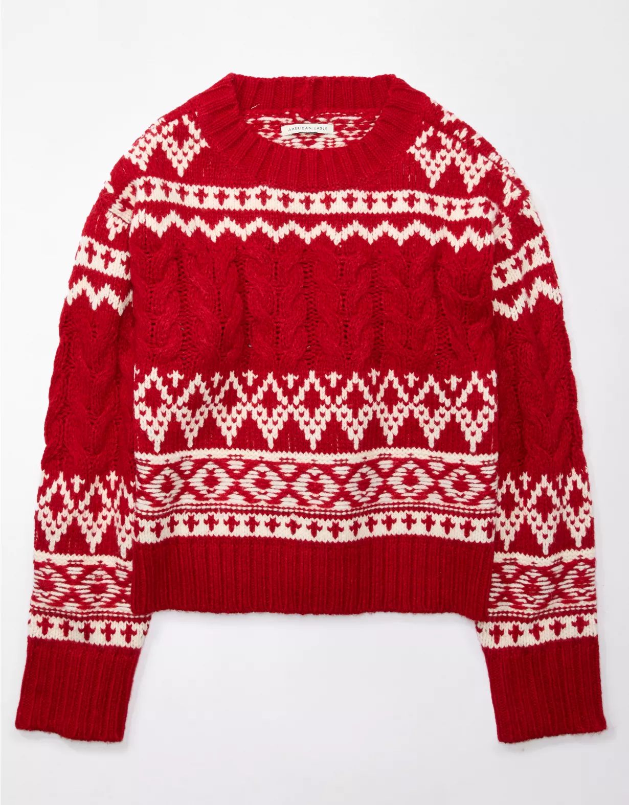 AE Fair Isle Cable-Knit Crewneck Sweater | American Eagle Outfitters (US & CA)