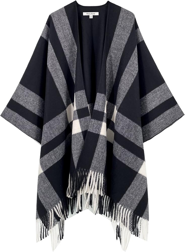 Moss Rose Women's Travel Plaid Shawl Wrap Open Front Poncho Cape for Fall Winter | Amazon (US)