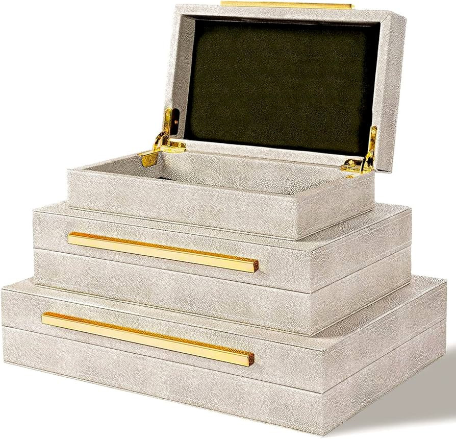 XINSTAR Faux Ivory Shagreen Leather Decorative Boxes,Decorative Storage Boxes With Lids 3 Pcs Set... | Amazon (US)