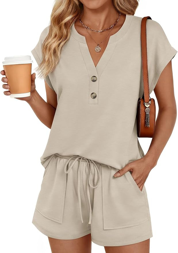 LILLUSORY 2 Piece Summer Set 2026 Henley Top & Drawstring Shorts with Pockets | Amazon (US)