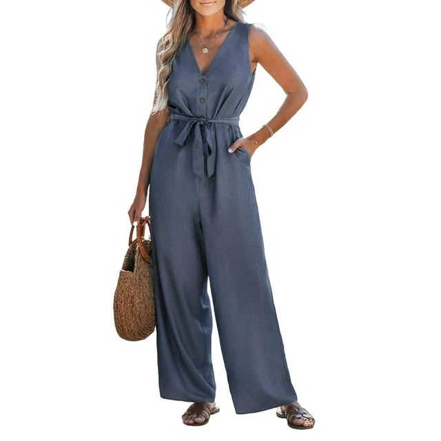 CUPSHE Women's Jumpsuit Woven V-neck Sleeveless Partial Front Buttons Belted Tie Front Wide Leg J... | Walmart (US)