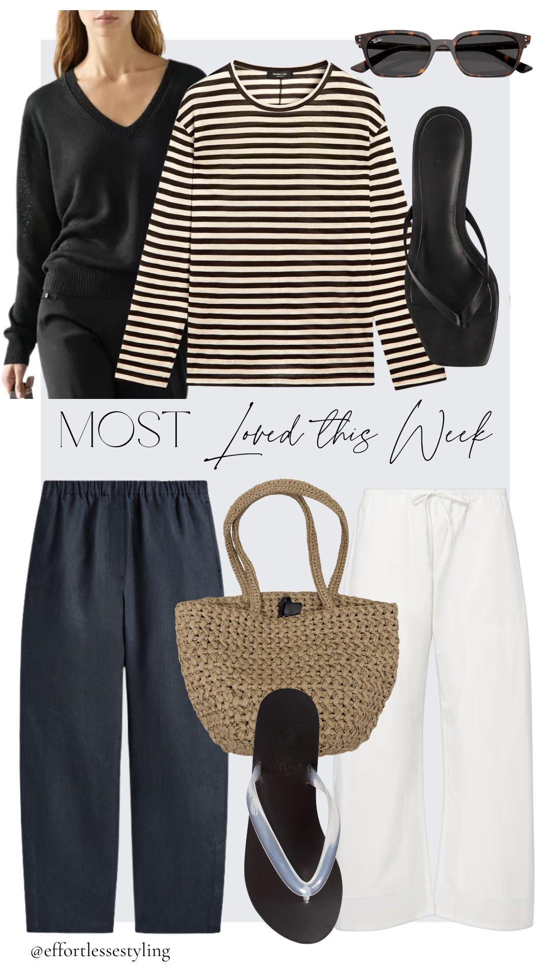Most Loved items this week 21/6/26

Navy linen elasticated waist barrel leg trousers, black v neck linen jumper, clear jelly and black leather flip flops, beige raffia tote bag, black leather kitten heel flip flops, white cotton drawstring trousers, neutral and brown striped long sleeve t-shirt, black and tortoiseshell sunglasses. 

 #LTKuk #LTKsummer #LTKstyletip