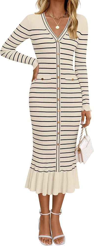 ZESICA Women's Striped Sweater Dress 2024 Fall Long Sleeve V Neck Button Elegant Slim Fit Bodycon... | Amazon (US)