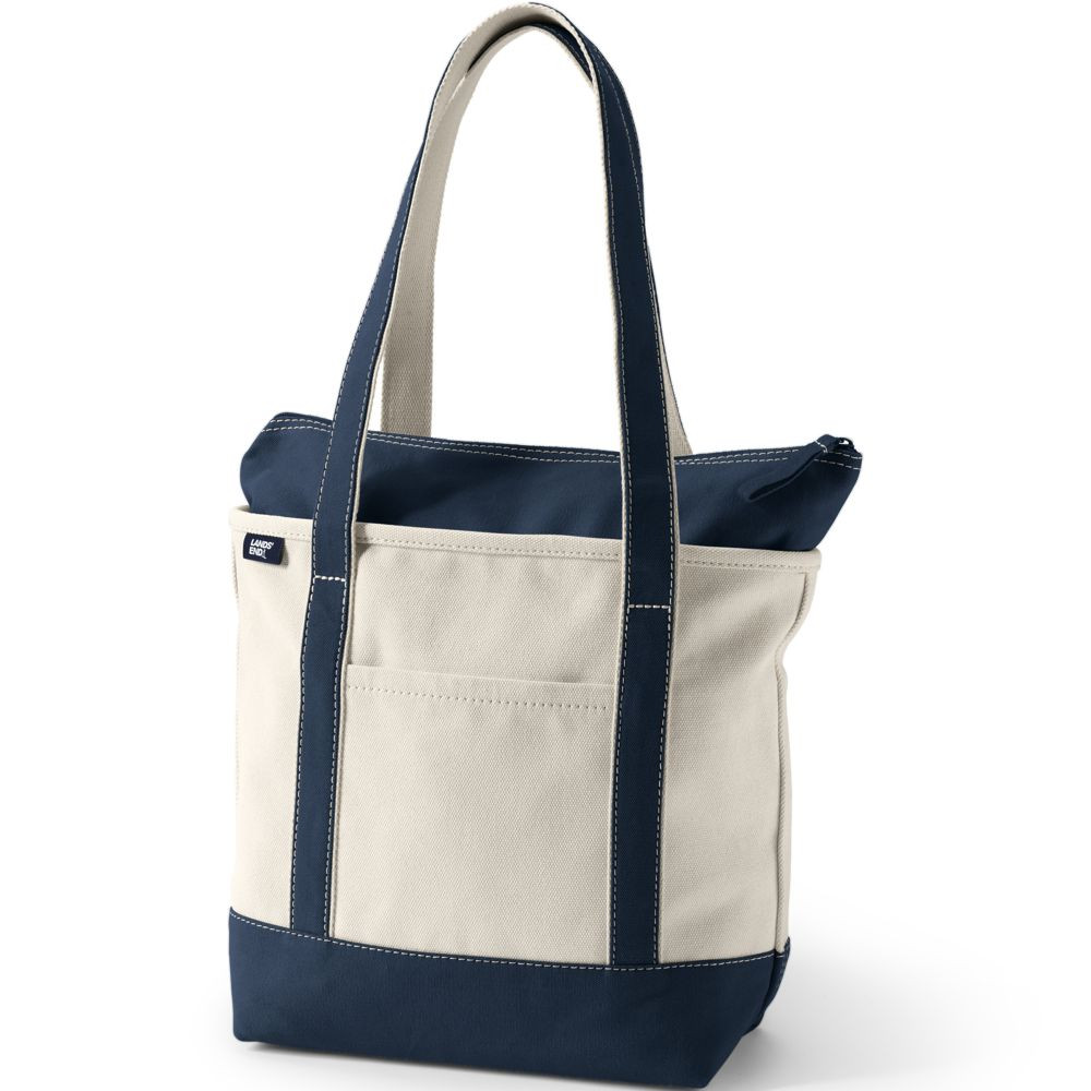 Long Handle Zip Top Canvas Tote - Natural/Radiant Navy - One Size | Lands' End Business Outfitters