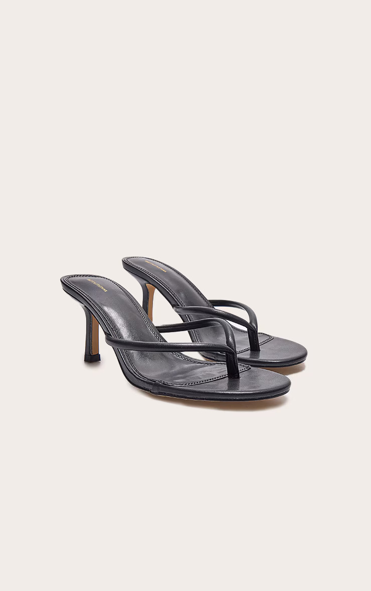 Black Pu Toe Thong Heeled Mules | PrettyLittleThing US