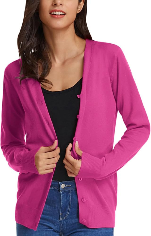GRACE KARIN Women's Long Sleeve Button Down Sweater Classic V-Neck Knit Cardigan, Hot Pink, Large | Amazon (UK)