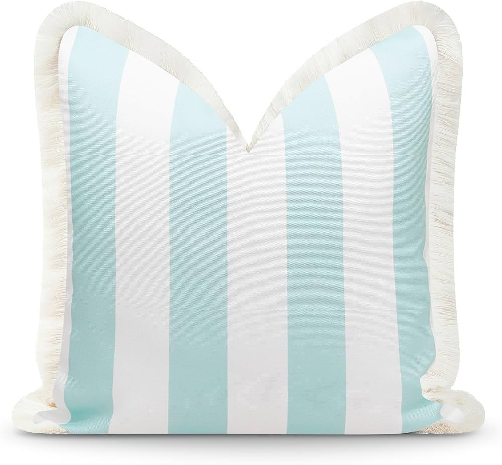 Hofdeco Premium Fall Coastal Patio Indoor Outdoor Pillow Cover Only, 20"x20" Water Repellent for Backyard, Couch, Muted Aqua Stripe Fringe | Amazon (US)