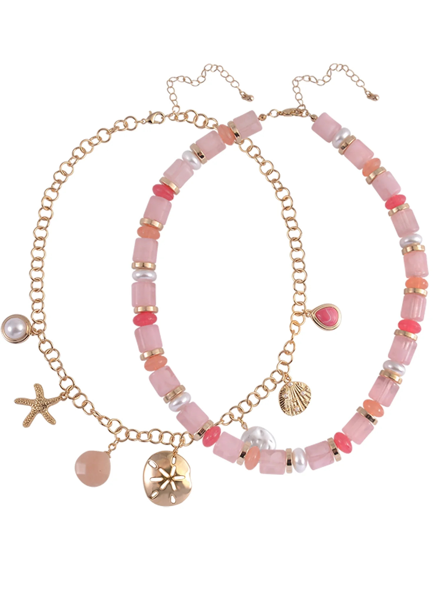 Time and Tru Adult Female Gold-Tone Metal Sea Motif Charms and Acrylic Bead 2 Row Necklace | Walmart (US)