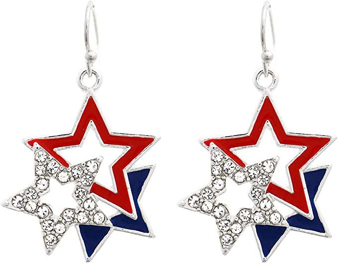 Rosemarie Collections Women's Red White and Blue USA American Flag Stars Dangle Earrings | Amazon (US)