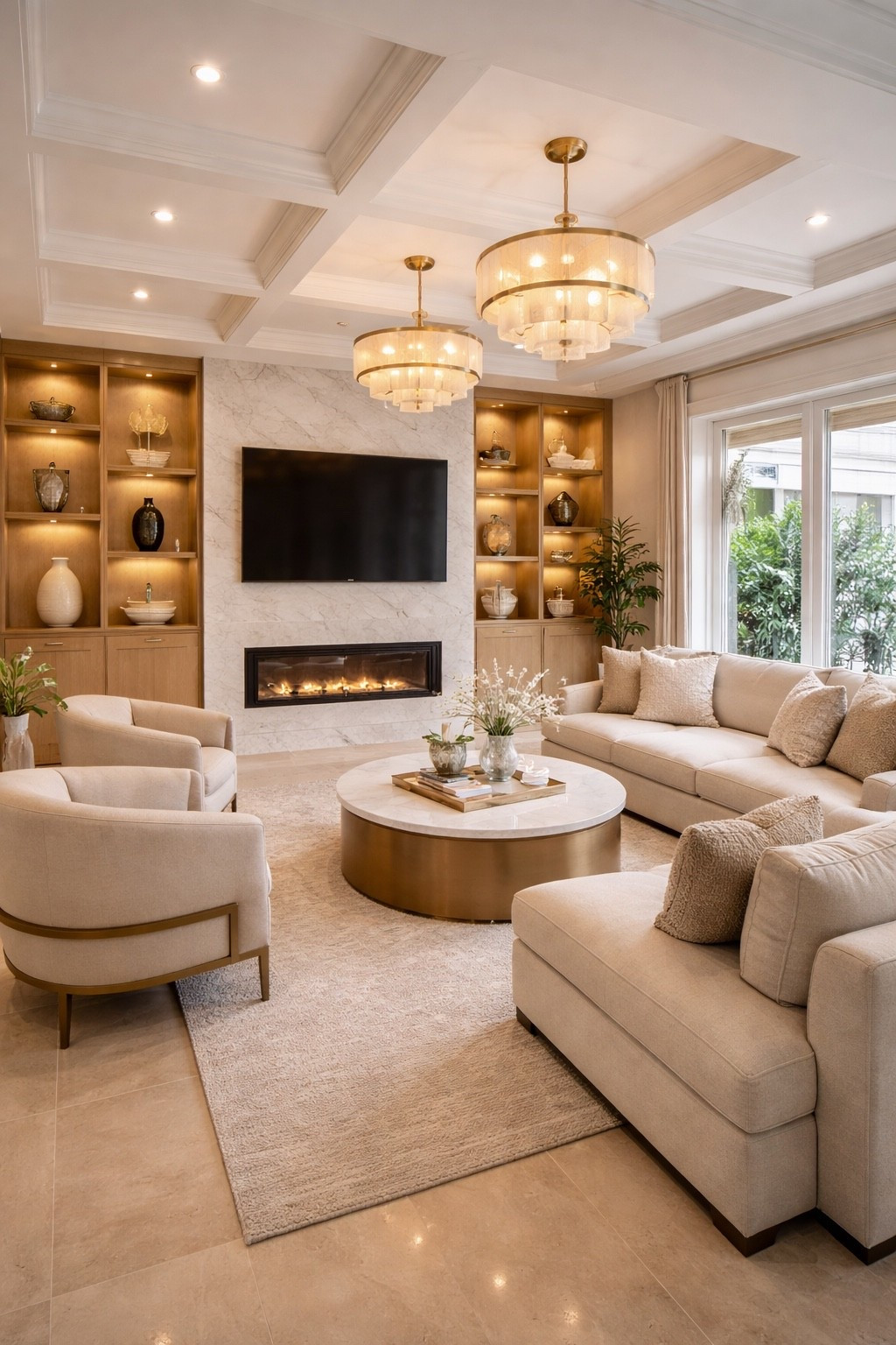 Elegant neutral living room featuring a round wood coffee table, plush beige sofas, built-in shelving with warm lighting, and glamorous gold crystal chandeliers. This modern luxury space blends soft textures, warm tones, and timeless design for a cozy yet sophisticated interior. Perfect inspiration for contemporary homes and high-end living room styling.

#luxurylivingroom #neutralinterior #beigeaesthetic #modernlivingroom #homedecorideas #pinteresthome #ltkhome #interiordesign #luxuryhome #livingroomdesign #cozyinterior #fireplacedesign #neutraldecor #dreamhome #contemporaryliving