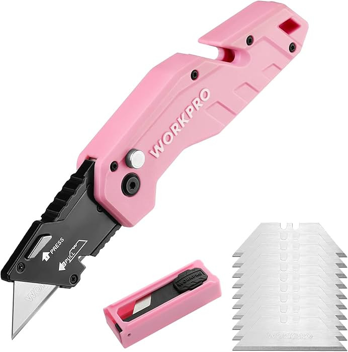WORKPRO Folding Utility Knife, Quick Change Box Cutter, Pink Razor Knife for Cartons, Cardboard, ... | Amazon (US)