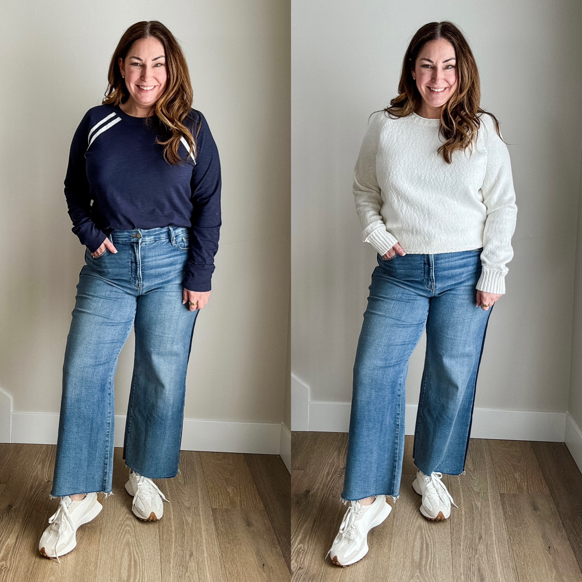  These Good American Palazzo Crop Tux Stripe Jeans from @EvereveOfficial
 are on trend with a statement seam, but still have that soft, stretchy fabric that I love from Good American. I paired them with a thicker rolled sweater for cooler temps or go with this sporty stripe raglan tee for a lighter weight option.

Wearing large in tops, 14 in jeans 

#EverevePartner #EvereveStyle 

 #LTKSeasonal #LTKMidsize #LTKStyleTip
