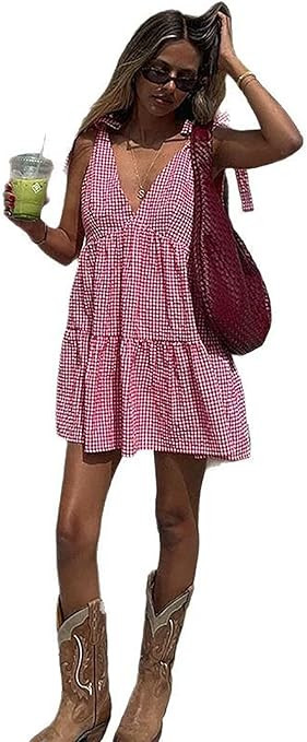 utcoco Women's 2025 Summer A Line Flowy Plaid Mini Dress Y2k Tie Shoulder Babydoll Dress Beach Va... | Amazon (US)