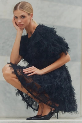 Endless Rose Short-Sleeve Faux-Feather Mini Dress | Anthropologie (US)
