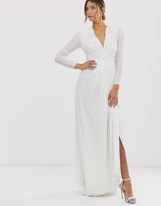 ASOS EDITION pleated plunge wrap wedding dress in sequin | ASOS (Global)