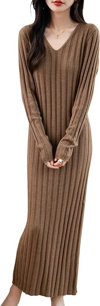 Women's Merino Wool Blend Long Sweater Dress Fashion 2025 Spring Fall Casual V-Neck Long Sleeve R... | Amazon (US)