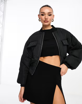 NA-KD cropped puffer bomber jacket in black | ASOS (Global)