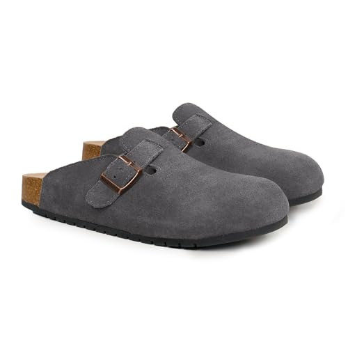 EVELLYHOOTD Unisex Suede Clogs for Women Men | Cork Footbed Arch Support Slip-On Mules Adjustable Strap Comfortable House Slippers Indoor Outdoor(with Socks),Grey | Amazon (US)