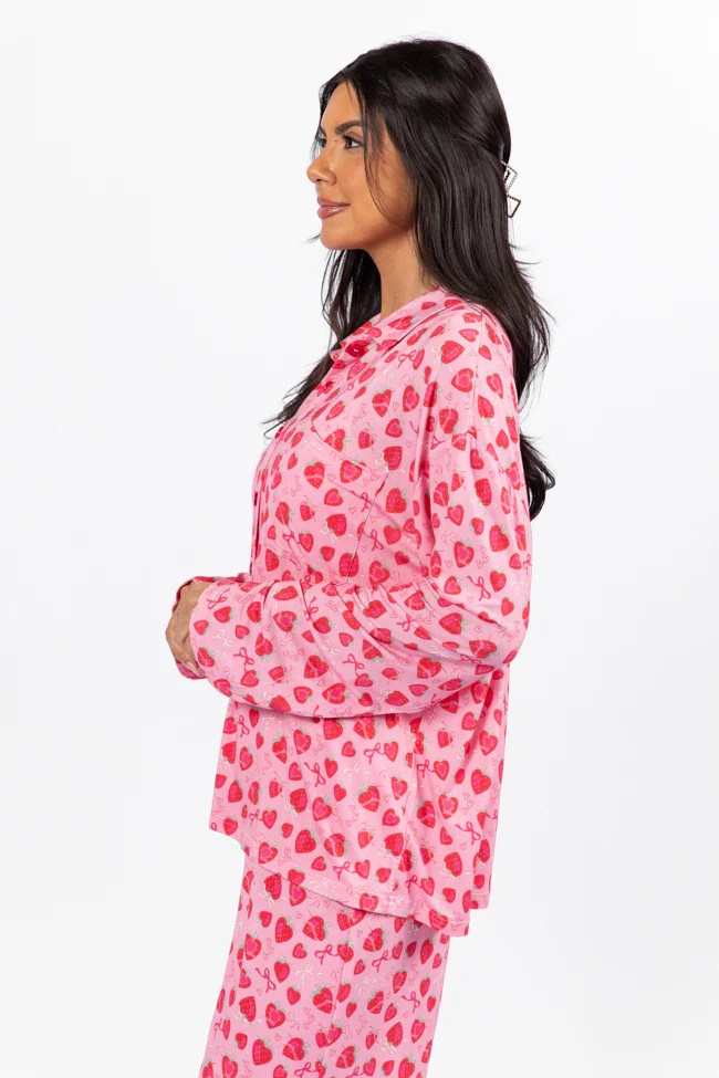 Sweet Dreams Strawberry Hearts Long Sleeve Pajama Top | Pink Lily