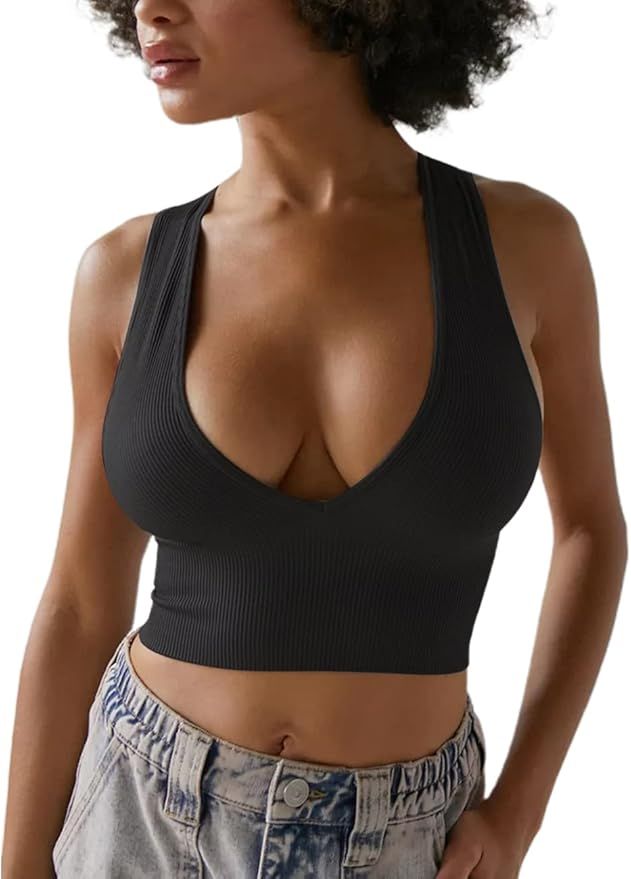 HeSaYep Women's Sleeveless Ribbed Tank Top Deep Plunge V Neck Crop Tops Sexy Cropped Tank Tops | Amazon (US)