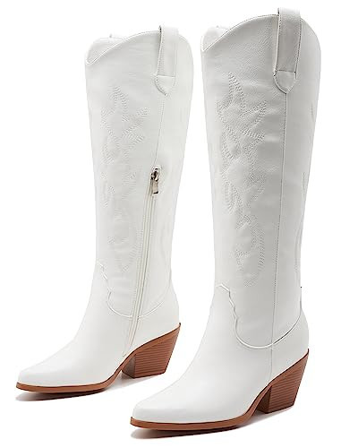 ZXHYZLZ White Cowgirl Boots - Wide Calf Knee-High Cowboy Boots For Women with Side Zip and Classic Embroidery, Great For Country Concerts and Parties Size 9 | Amazon (US)