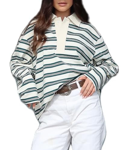 Women Striped Rugby Shirt Long Sleeve Cropped Polo Shirts Oversized Collared Sweatshirt Teens Girls Preppy Vintage Pullover Sweaters(Contrast Green,Medium) | Amazon (US)