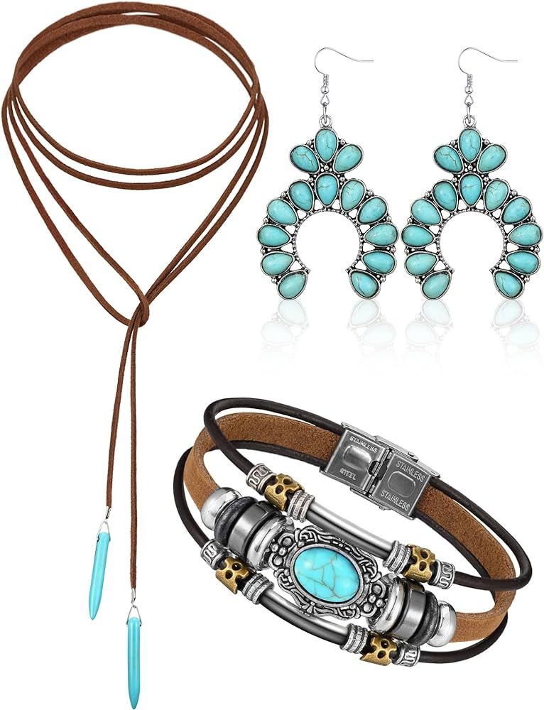 3 Pieces Western Jewelry for Women Bohemian Turquoise Set, Bohemian Turquoise Pendant Long Choker... | Amazon (US)