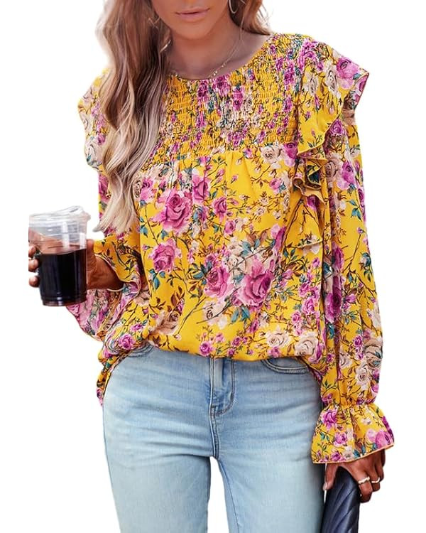 SHEWIN Womens Blouses Floral Crewneck Long Sleeve Shirts for Women Dressy Casual Tops 2024 | Amazon (US)