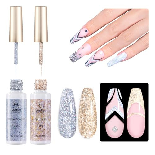 Beetles Silver & Golden Nail Art Gel Liner 2 Pcs Reflective Glitter Gel Nail Polish Soak Off Uv Lamp for Thin French Line Nails Manicure Nails Art Brush Paint | Amazon (US)