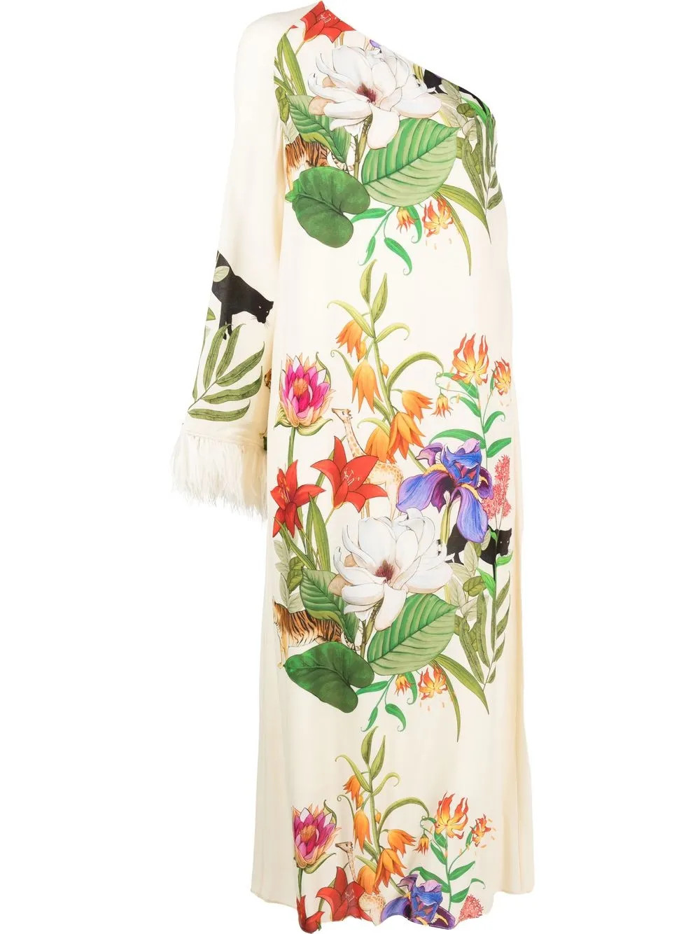 Borgo De Nor feather-trim one-shoulder Maxi Dress - Farfetch | Farfetch Global